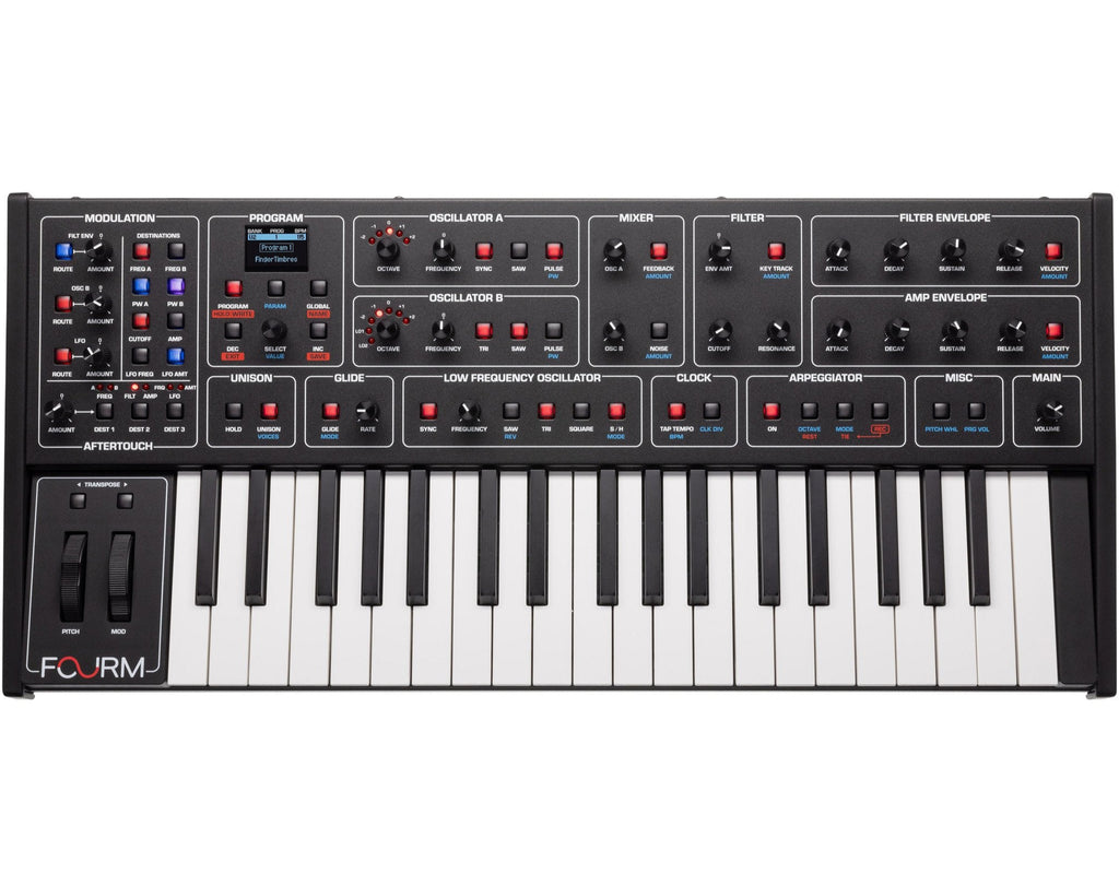 Sequential Fourm keyboard synthesizer with sleek black design and control knobs, showcasing its compact, professional music production interface.