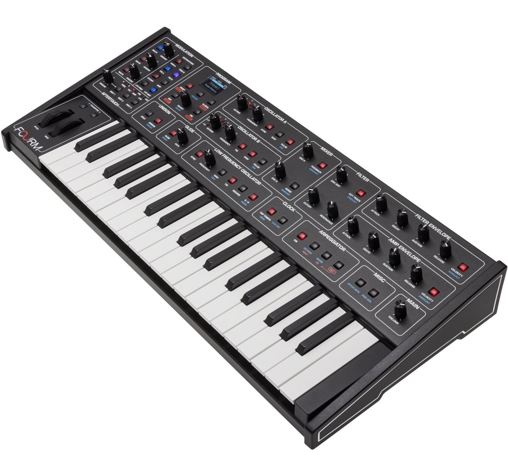 Sequential Fourm keyboard synthesizer with a sleek black design and various control knobs and buttons visible on the front panel.