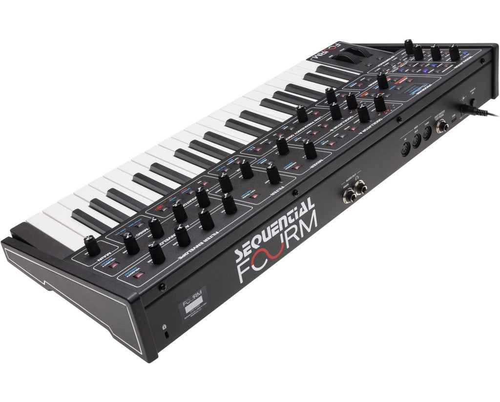 Sequential Fourm keyboard synthesizer with multiple knobs and keys, showcasing its sleek, professional design.