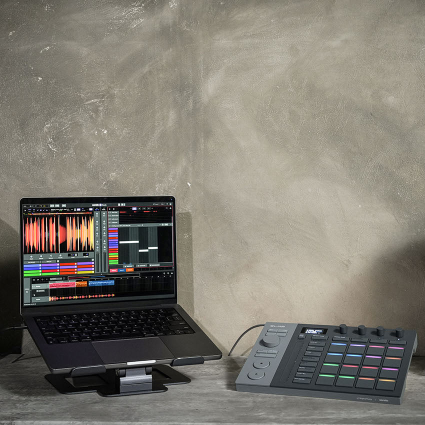 AlphaTheta SLAB MIDI controller with multiple knobs and pads, designed for music production and DJing.