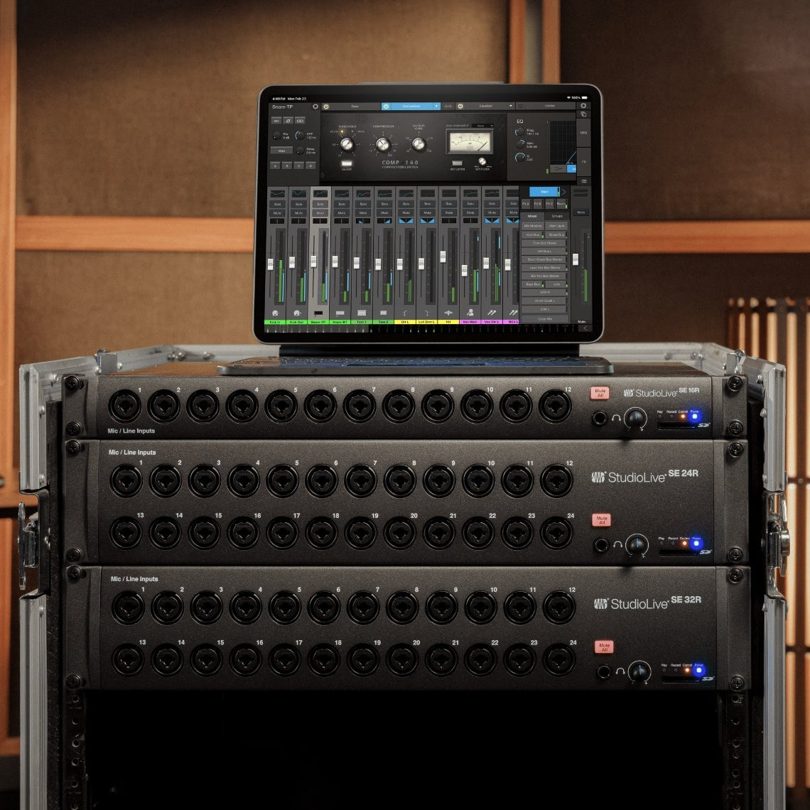 PreSonus StudioLive Series III SE 16R digital mixer with multiple input channels and control knobs, professional audio equipment.