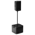 Mackie Thrash15v2 on a Mackie SPM400 speaker pole above a Mackie Thump18Sv4 subwoofer