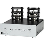 Pro-Ject Tube Box E phono preamp with vacuum tube design and black finish, ideal for high-quality vinyl record listening.