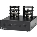 Pro-Ject Tube Box E phono preamp with tube circuitry, compact design, and input/output connections for high-quality vinyl playback.