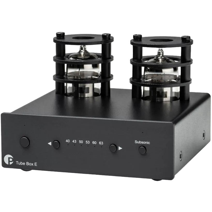 Pro-Ject Tube Box E phono preamp with tube circuitry, compact design, and input/output connections for high-quality vinyl playback.
