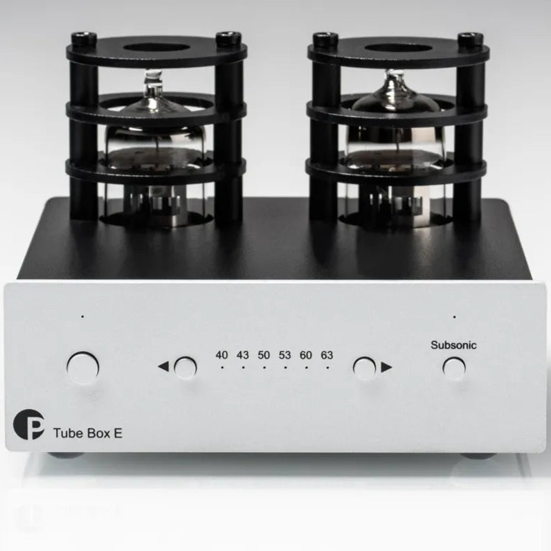 Pro-Ject Tube Box E phono preamp with tube design and controls, used for enhancing vinyl record sound quality.