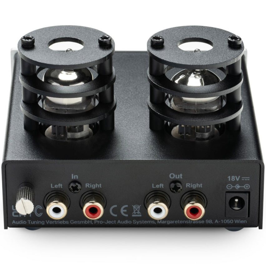 Pro-Ject Tube Box E phono preamp with back panel showing input and output connections, compact audio equipment for vinyl records.