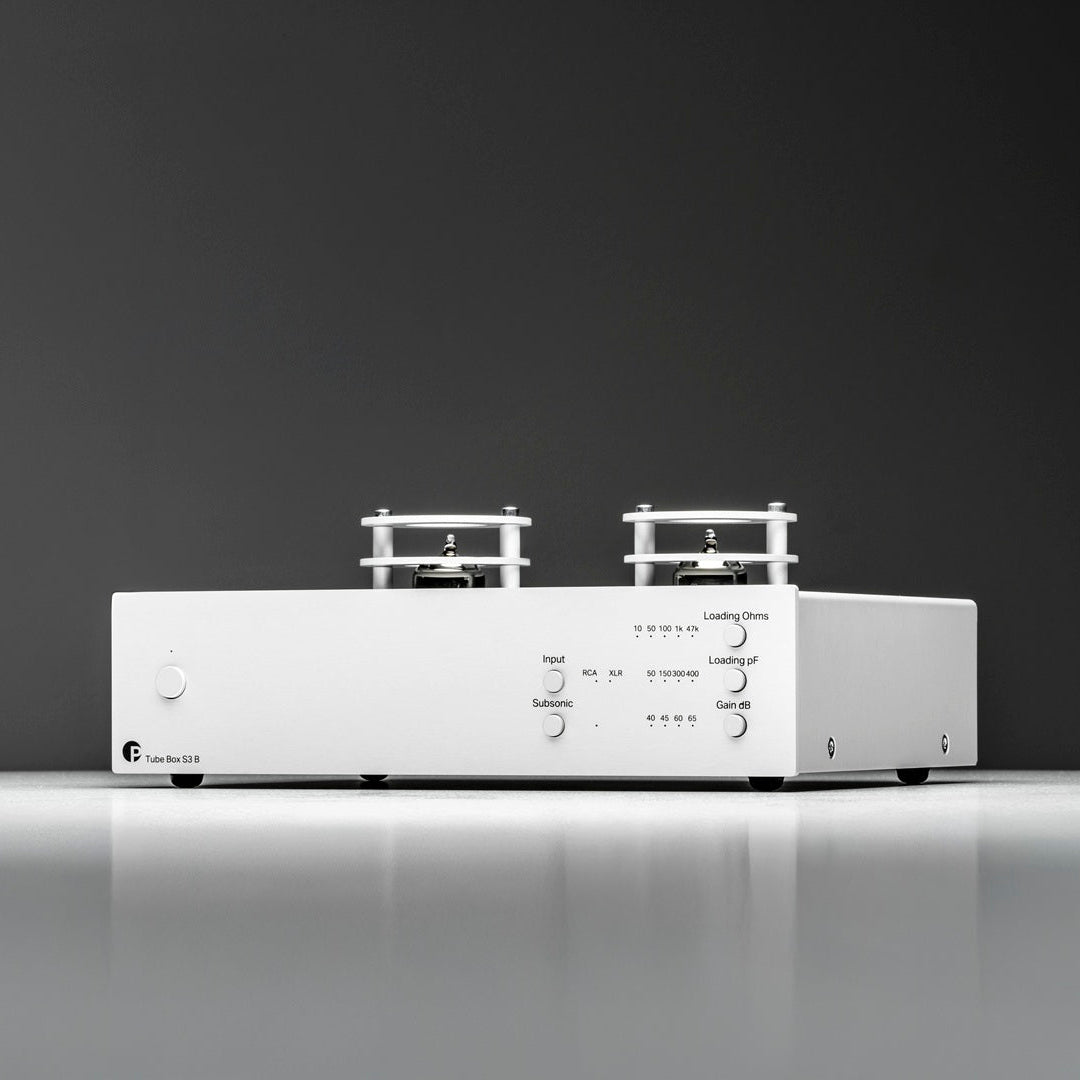 Pro-Ject Tube Box S3 B phono preamp with sleek design and control knobs, used for enhancing vinyl record audio quality.