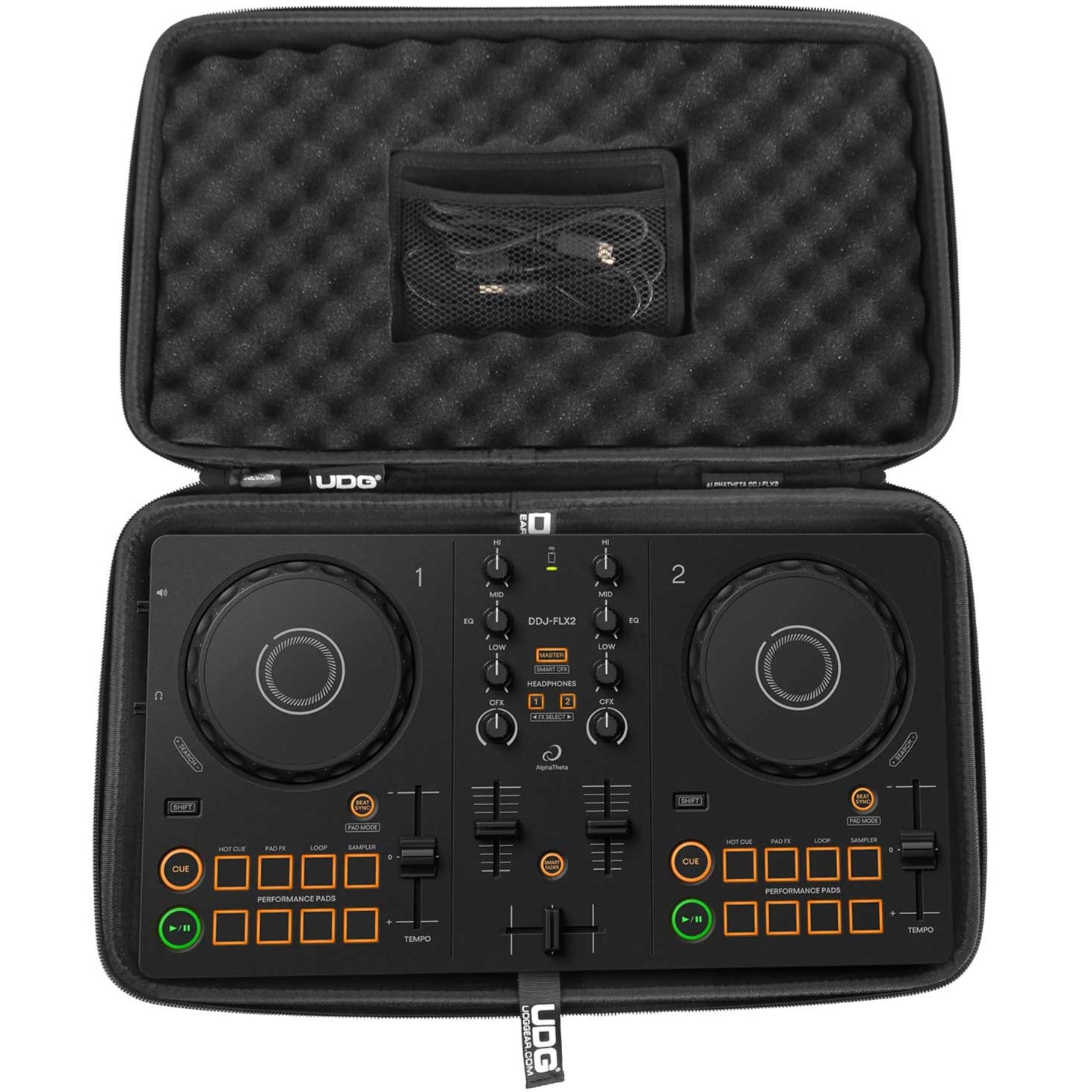 UDG Creator AlphaTheta DDJ-FLX2 hardcase in black with padded interior and sturdy exterior for DJ equipment protection.