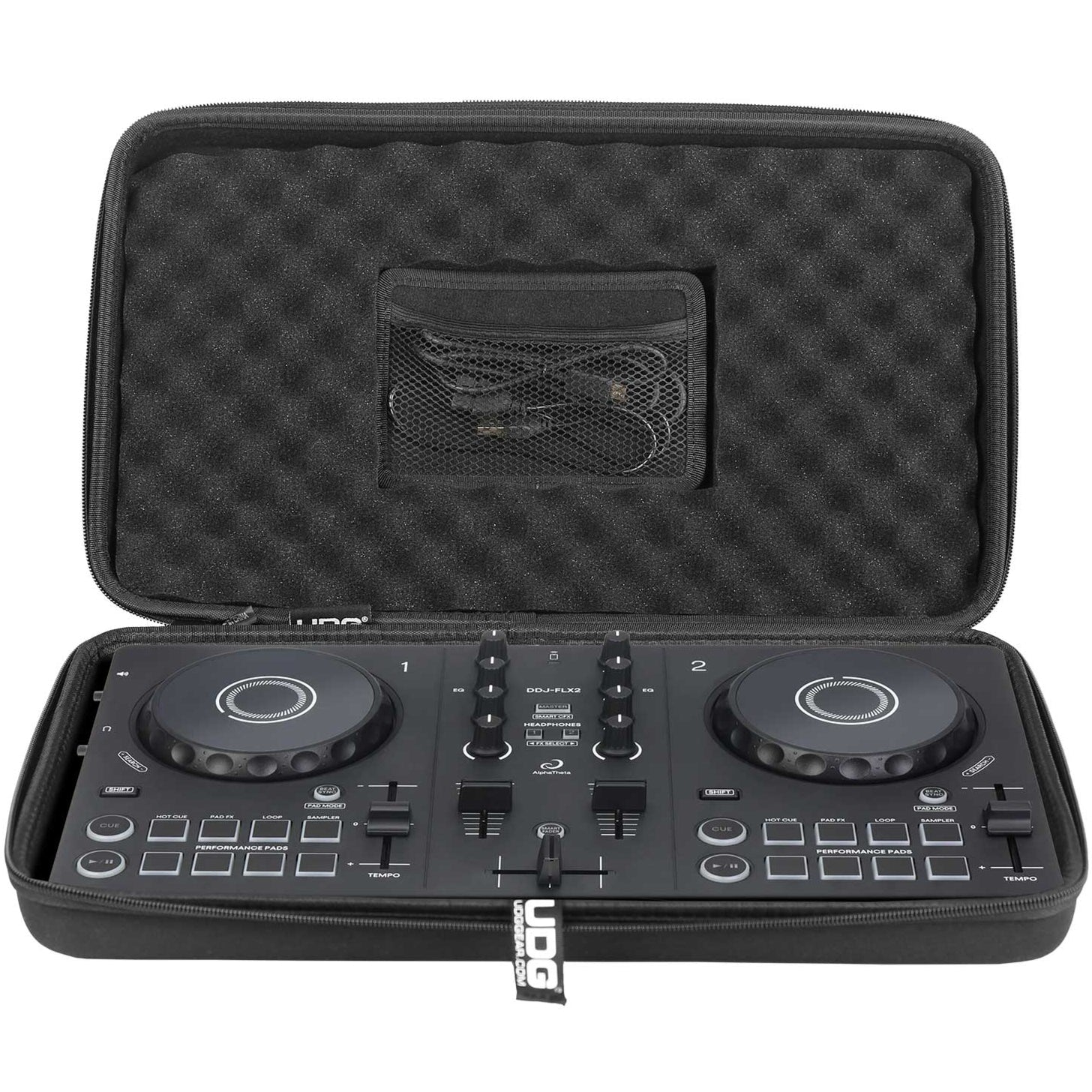 UDG Creator AlphaTheta DDJ-FLX2 black DJ hardcase showing sturdy exterior and secure handle for DJ equipment protection.