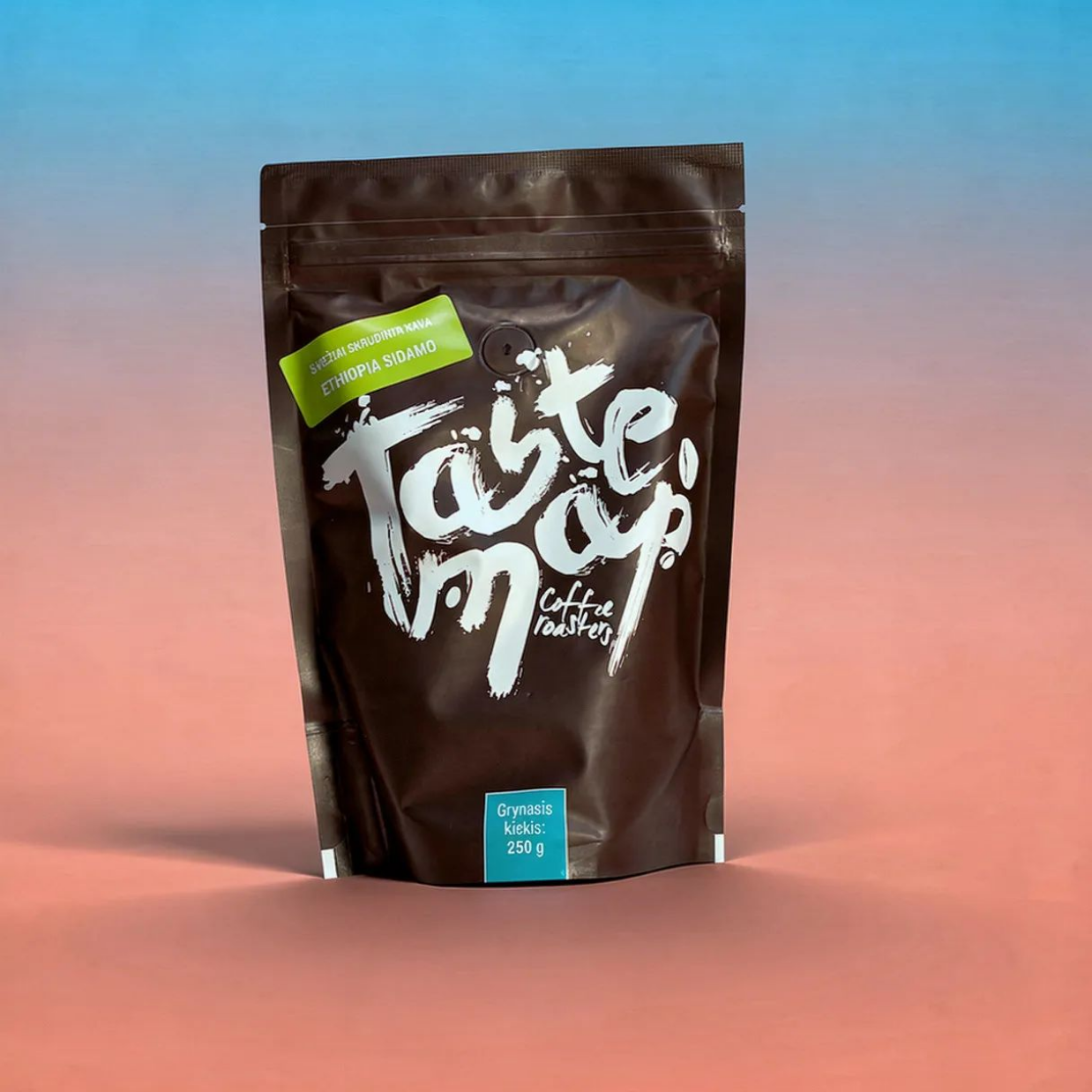 Coffee packaging with 'Taste Map' branding on a gradient background