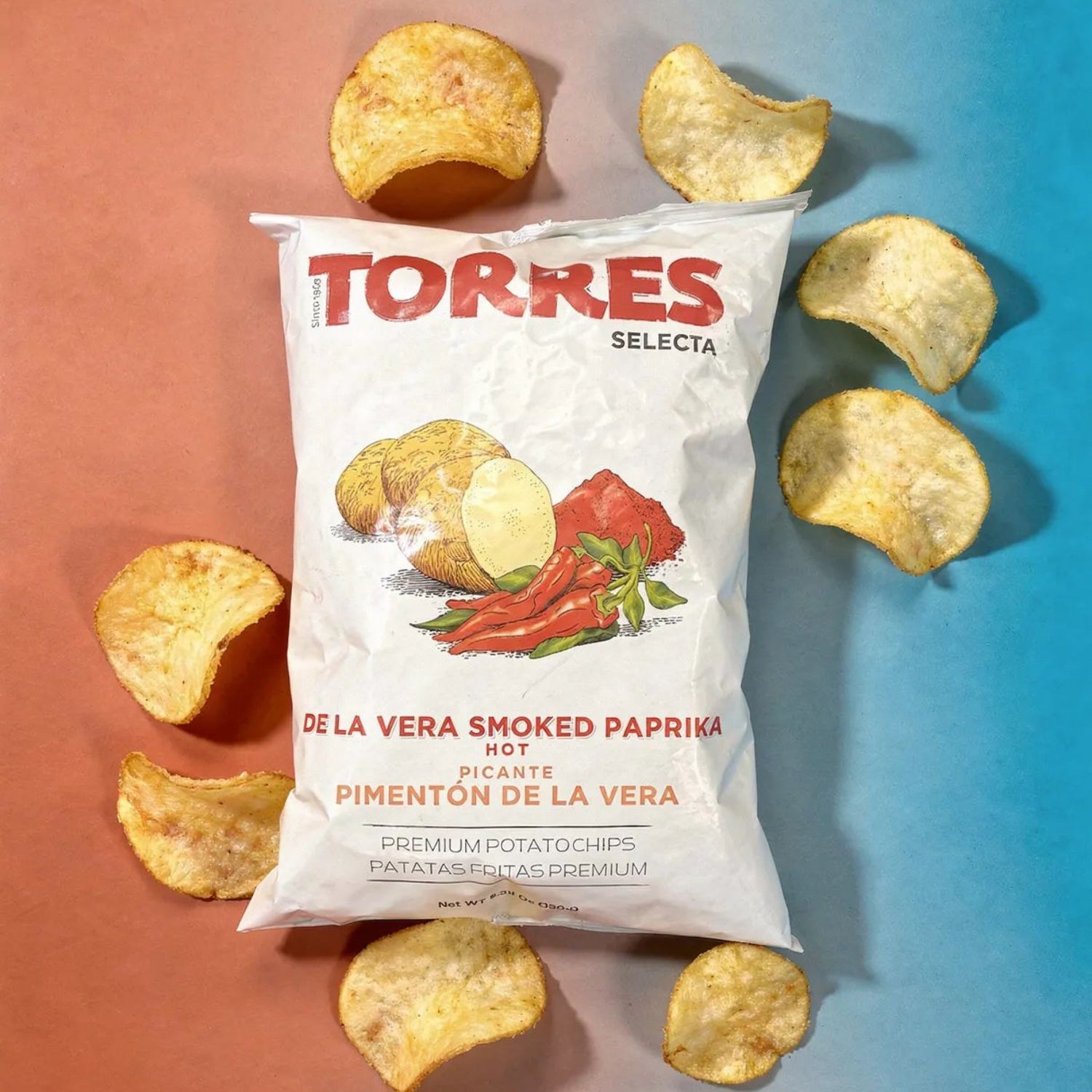 Torres Selecta potato chips with a colorful background