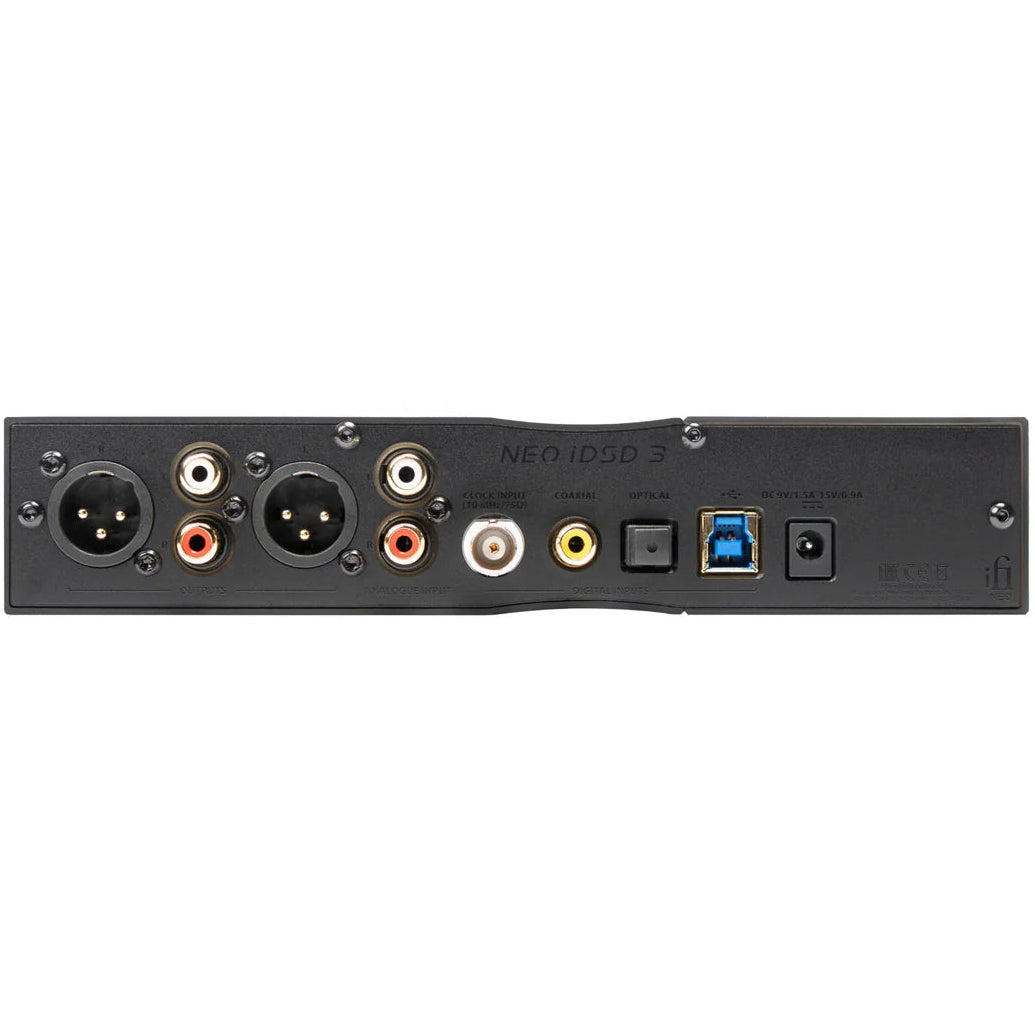 iFi Audio NEO iDSD 3 headphone amplifier and DAC with sleek black design and multiple connectivity options.