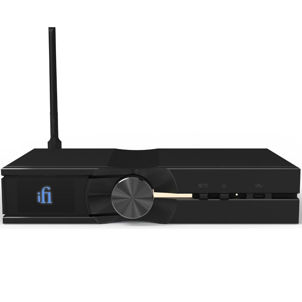 iFi Audio NEO Stream 3 music streamer with sleek black design and front display, connected to audio equipment for high-quality streaming.