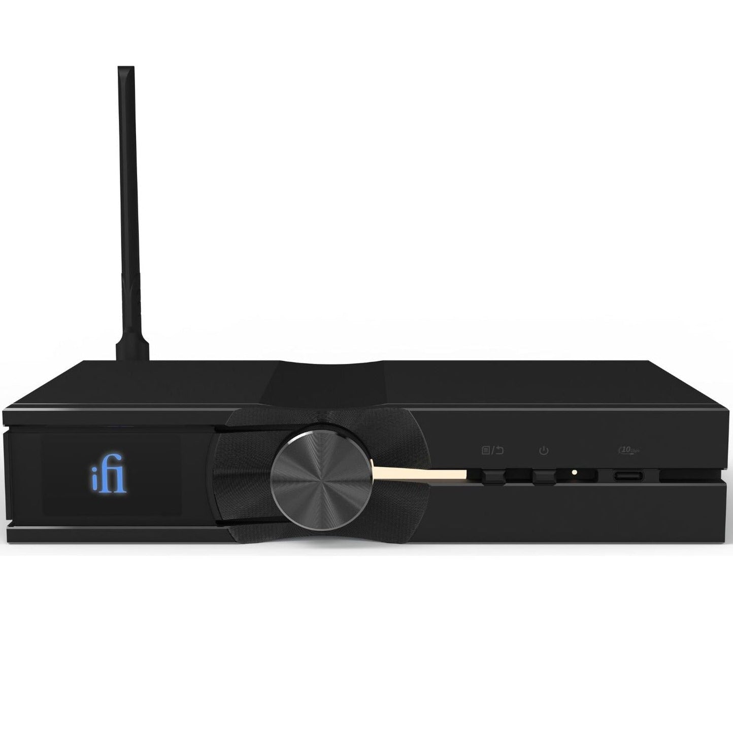 iFi Audio NEO Stream 3 music streamer with sleek black design and front display, connected to audio equipment for high-quality streaming.