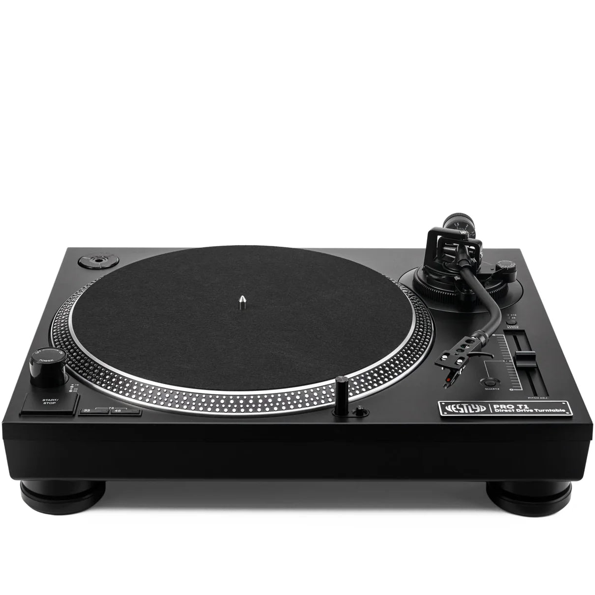 Vestlyd Vestlyd Pro T1 DJ turntables with black finish, detailed controls and sleek design for professional DJ setup.