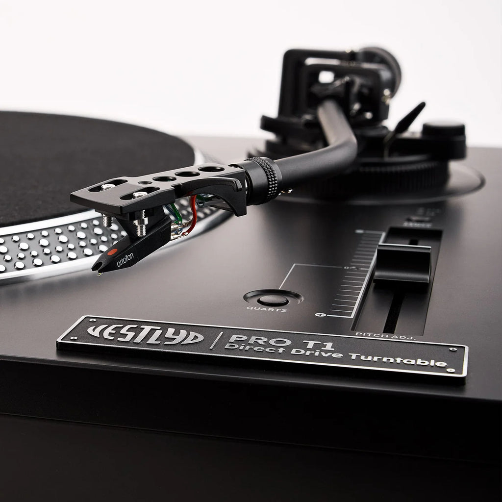 Vestlyd Vestlyd Pro T1 DJ turntables with black finish, featuring detailed controls and sleek design for professional audio mixing.