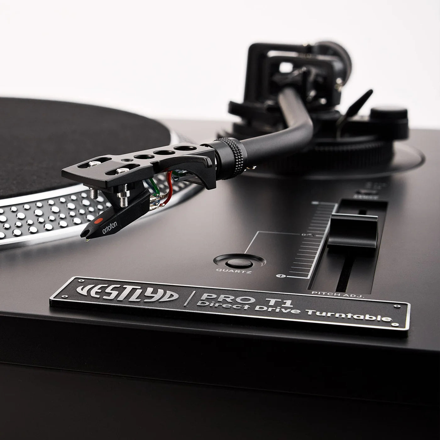 Vestlyd Vestlyd Pro T1 DJ turntables with black finish, featuring detailed controls and sleek design for professional audio mixing.