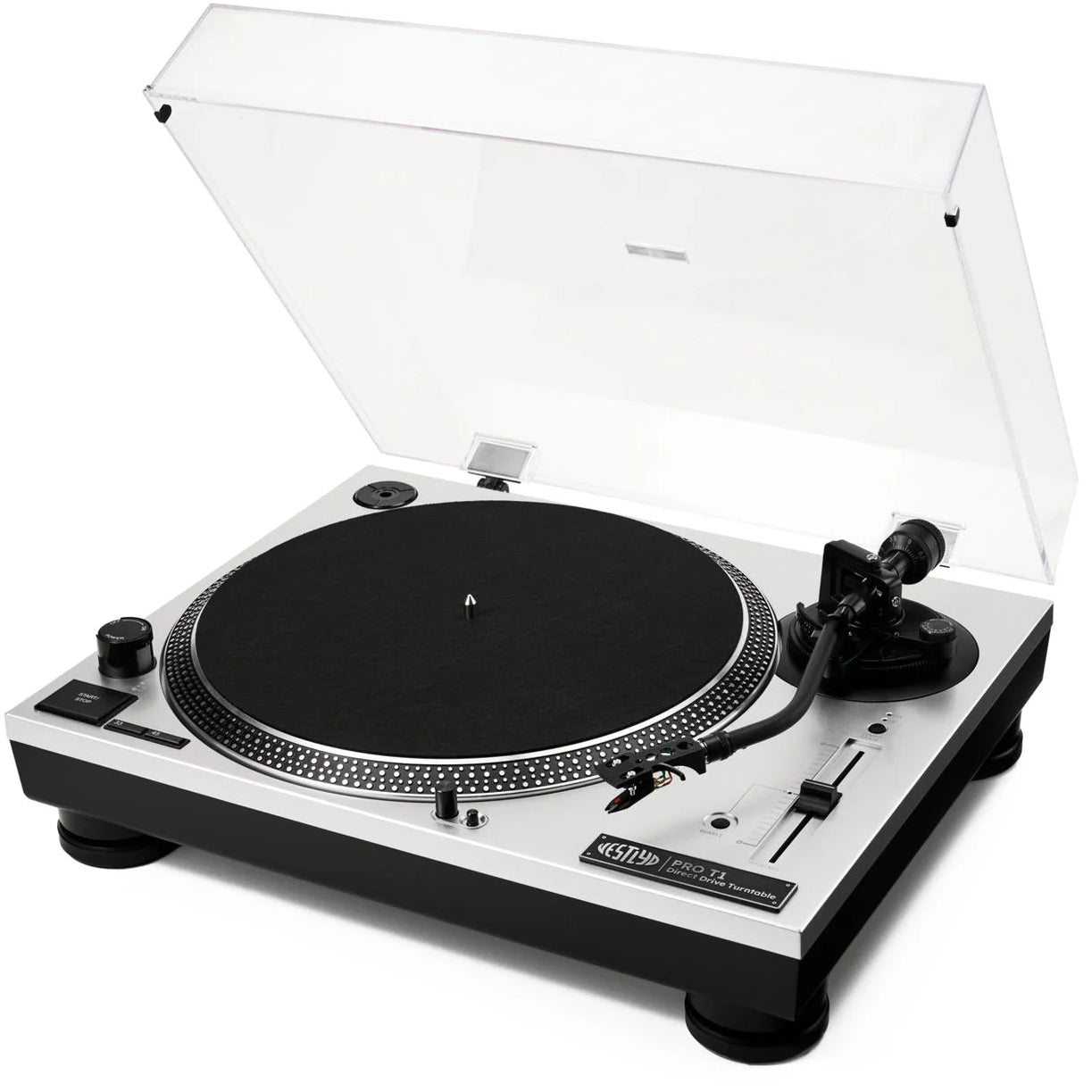 Vestlyd Pro T1 DJ turntable with sleek black design, control knobs, and platter for professional audio mixing and DJing.