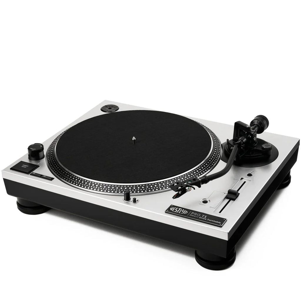 Vestlyd Vestlyd Pro T1 DJ turntables with sleek black finish and control knobs, ready for professional mixing and scratching.