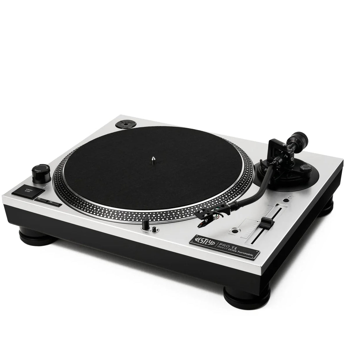 Vestlyd Vestlyd Pro T1 DJ turntables with sleek black finish and control knobs, ready for professional mixing and scratching.