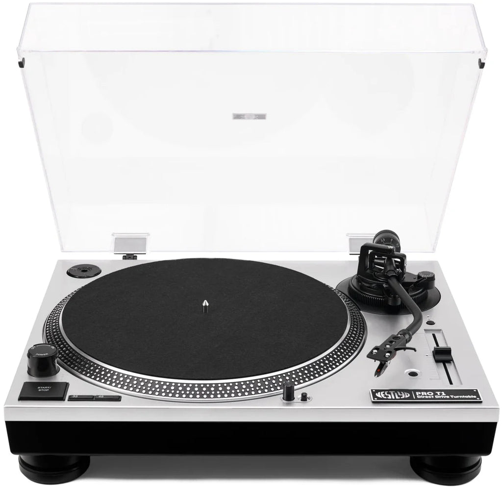 Vestlyd Vestlyd Pro T1 DJ turntables with sleek black finish and control knobs, designed for professional DJ setups.