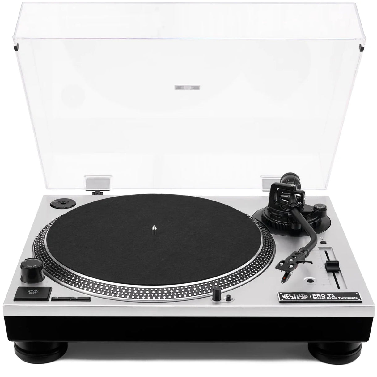 Vestlyd Vestlyd Pro T1 DJ turntables with sleek black finish and control knobs, designed for professional DJ setups.