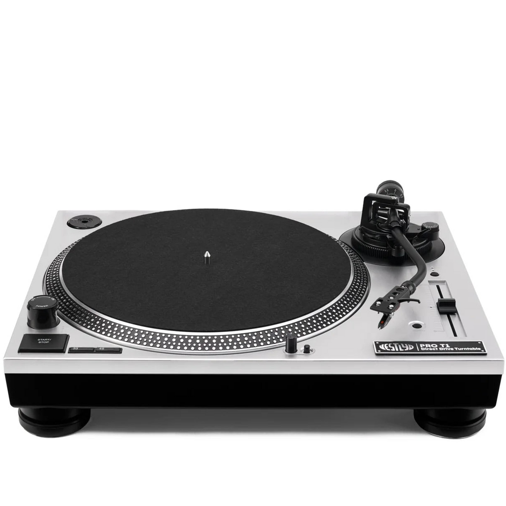 Vestlyd Vestlyd Pro T1 DJ turntables with sleek black finish and professional controls, ready for high-quality mixing.