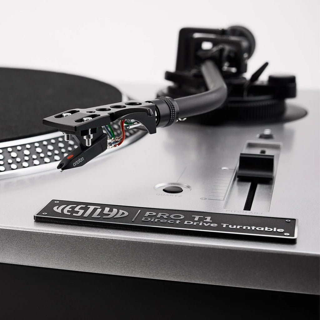 Vestlyd Vestlyd Pro T1 DJ turntables with sleek black design, featuring tonearm and control buttons for professional audio mixing.