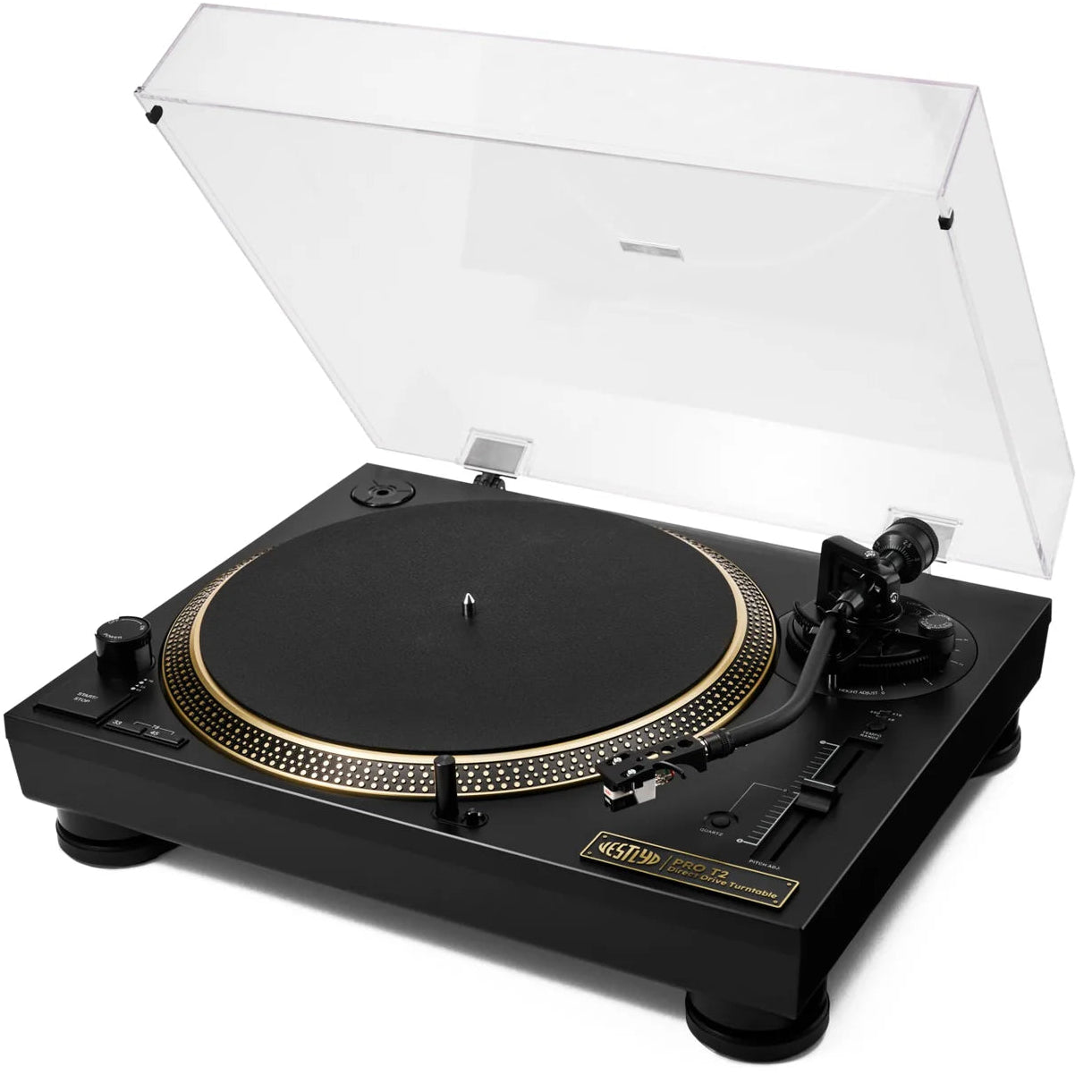 Vestlyd Vestlyd Pro T2 turntable with black finish, showing the turntable's surface, control panel, and tonearm in detail.