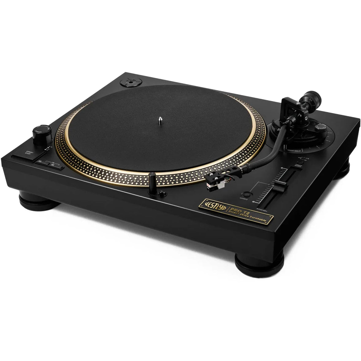 Vestlyd Vestlyd Pro T2 turntable with black finish, featuring a sleek design and audio controls visible on the top surface.
