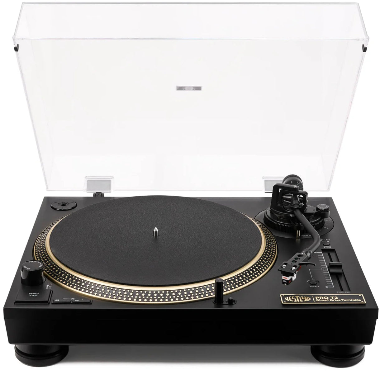Vestlyd Vestlyd Pro T2 turntable with a sleek black finish, showing the tonearm, control buttons, and platter in a modern audio setup.