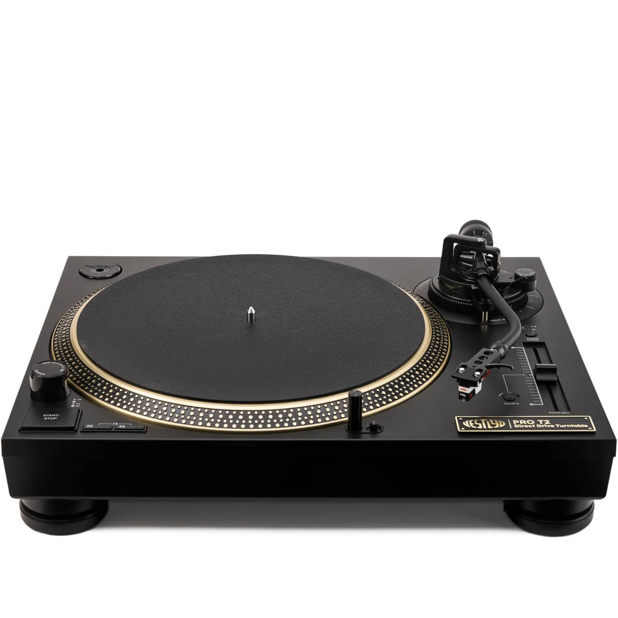 Vestlyd Vestlyd Pro T2 turntable with black finish, featuring control knobs and sleek design for high-quality audio playback.