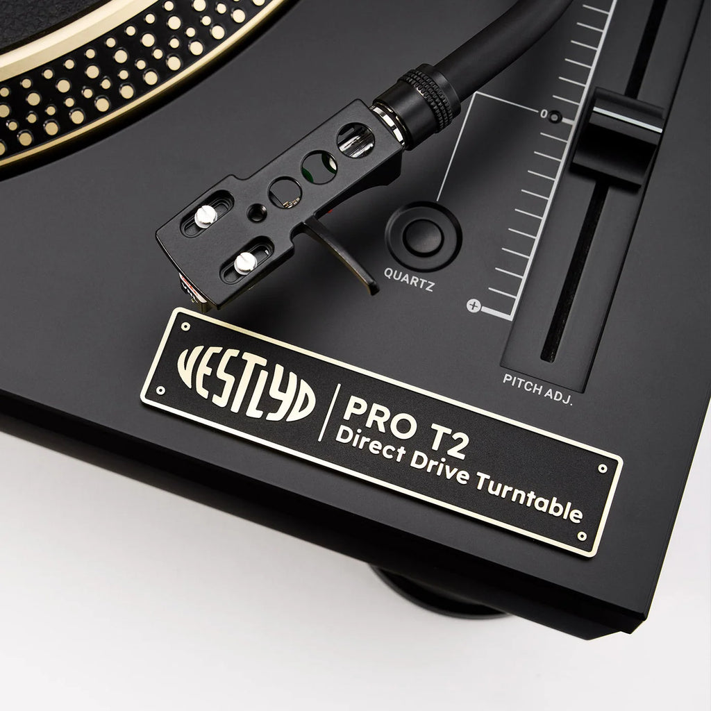 Vestlyd Vestlyd Pro T2 turntable with black finish, showing the deck and control features on a clean surface.