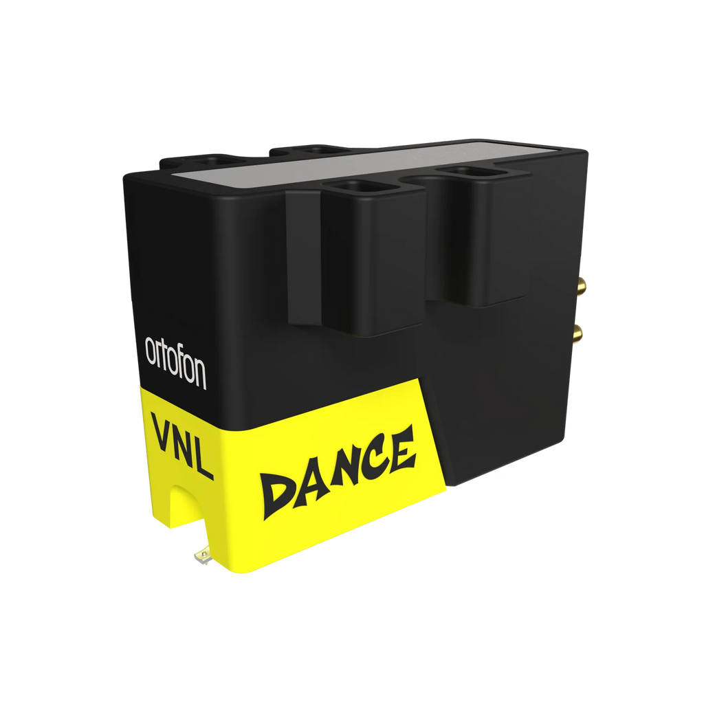 Ortofon VNL DANCE turntable cartridge mounted on a turntable, showing the stylus and cartridge body with a sleek design.
