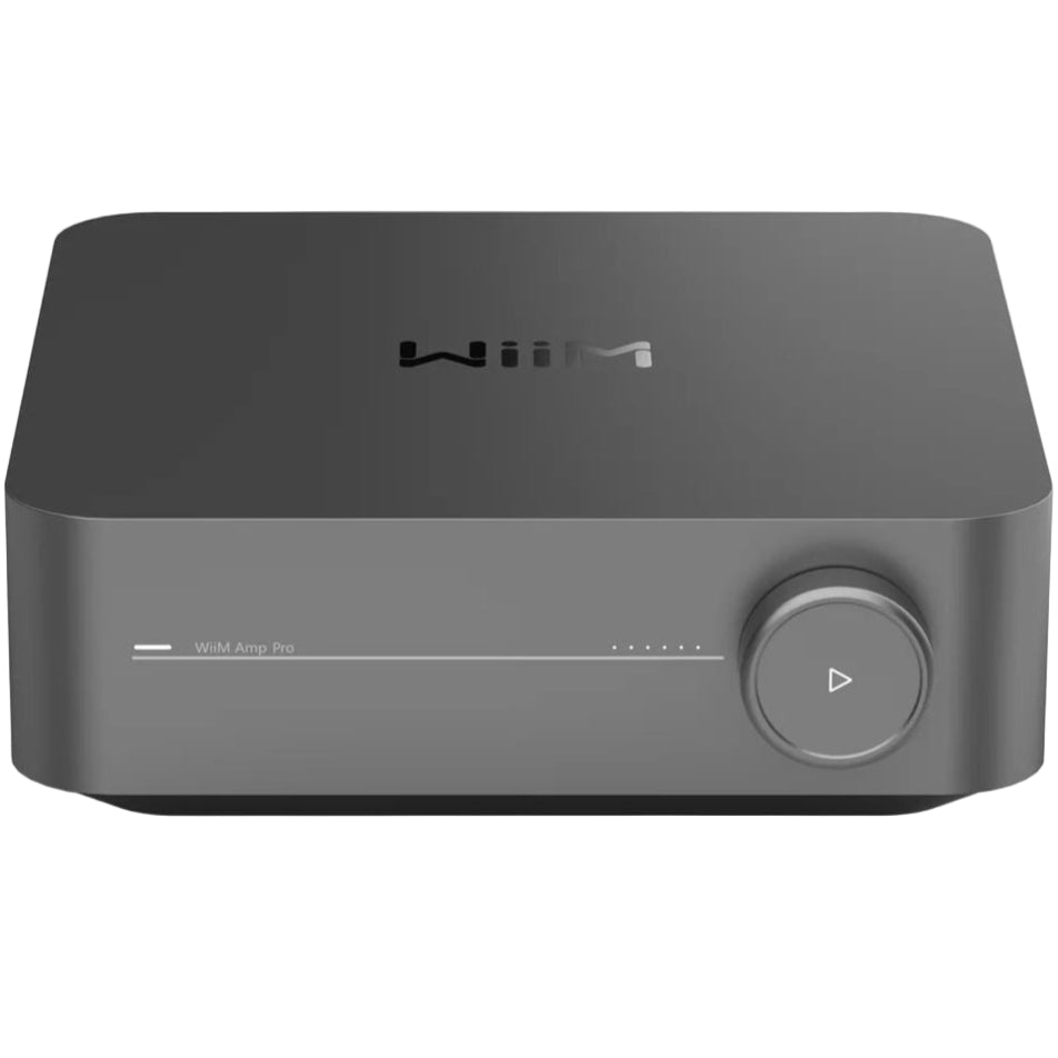 WiiM AMP Pro music streamer device with sleek black design, front display, and connectivity ports for high-quality audio streaming.