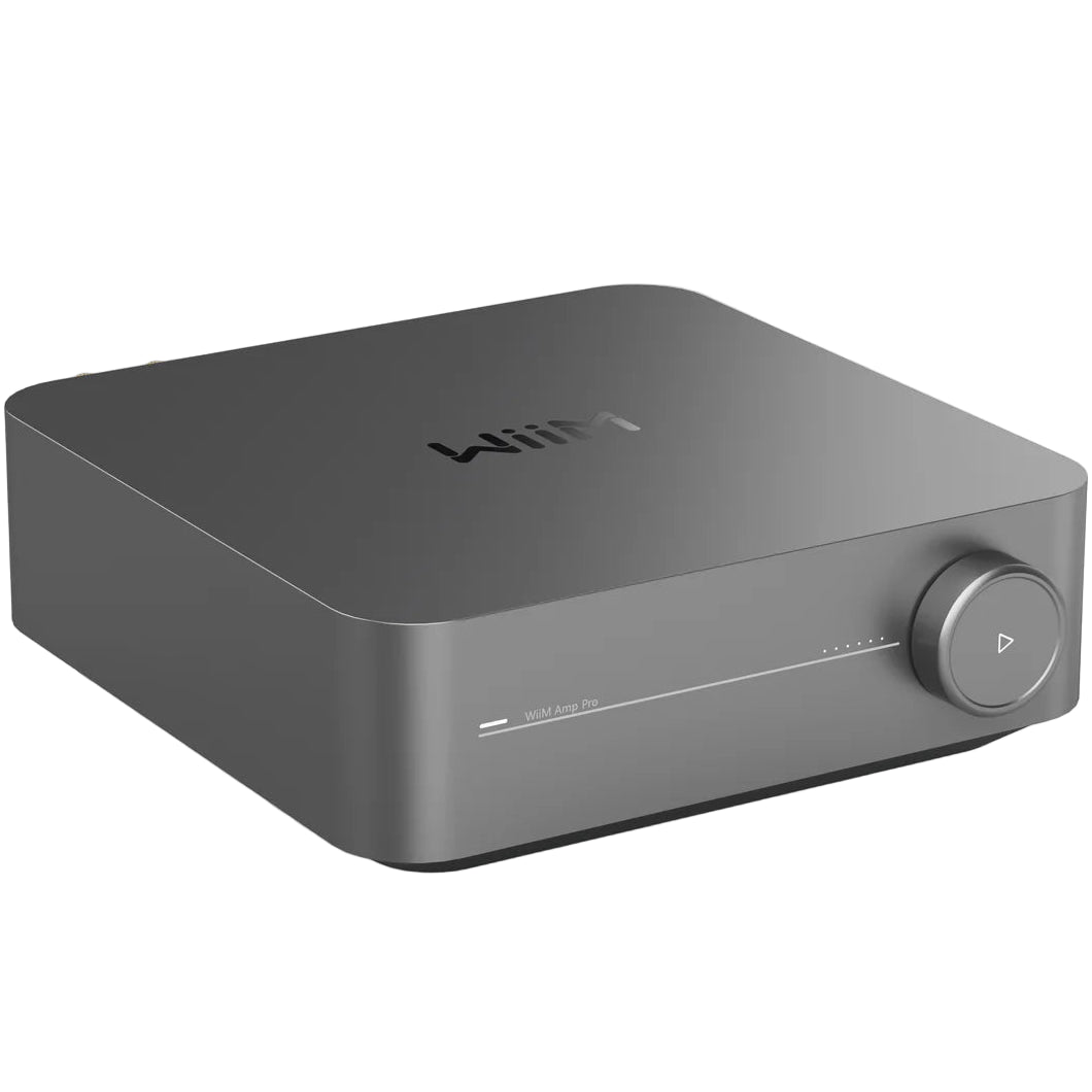 WiiM AMP Pro music streamer device with sleek black design and front display, designed for high-quality audio streaming.