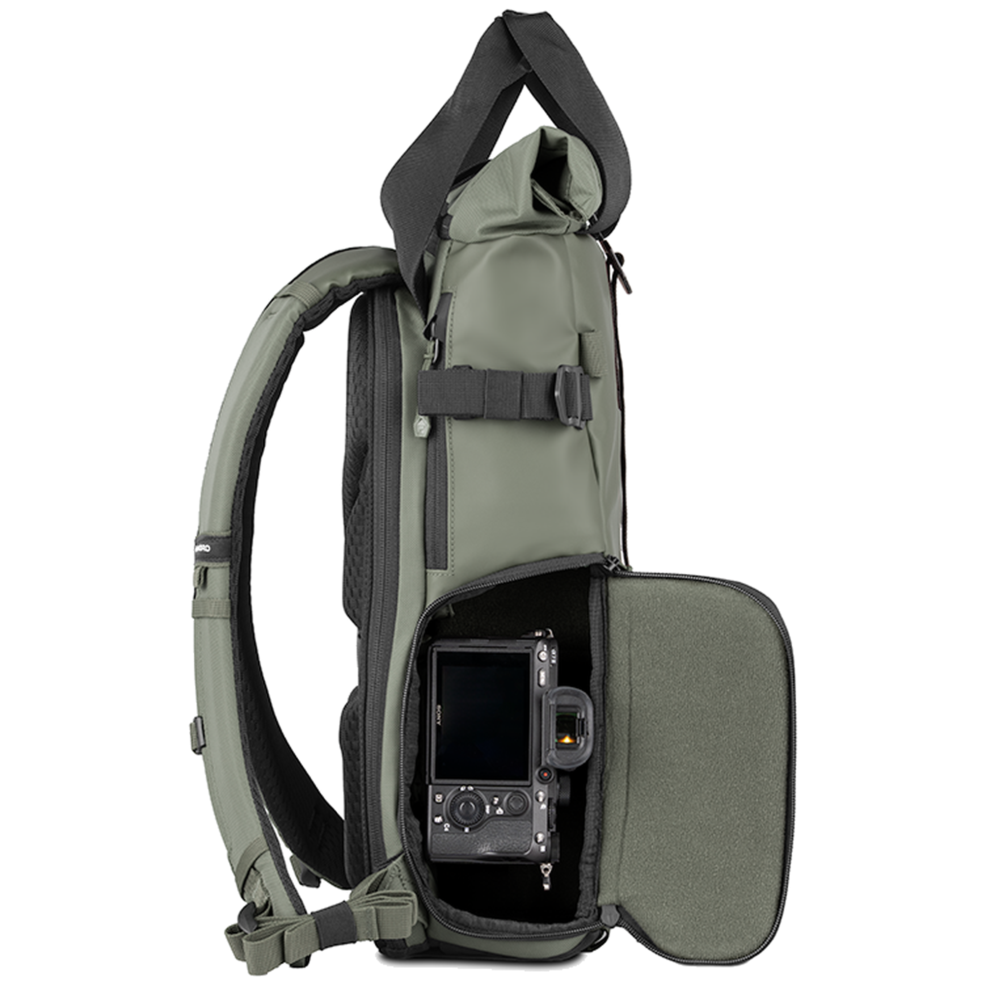 Wandrd Prvke 15L photo bundle bag in Wasatch Green showing side access for video equipment and camera gear storage.