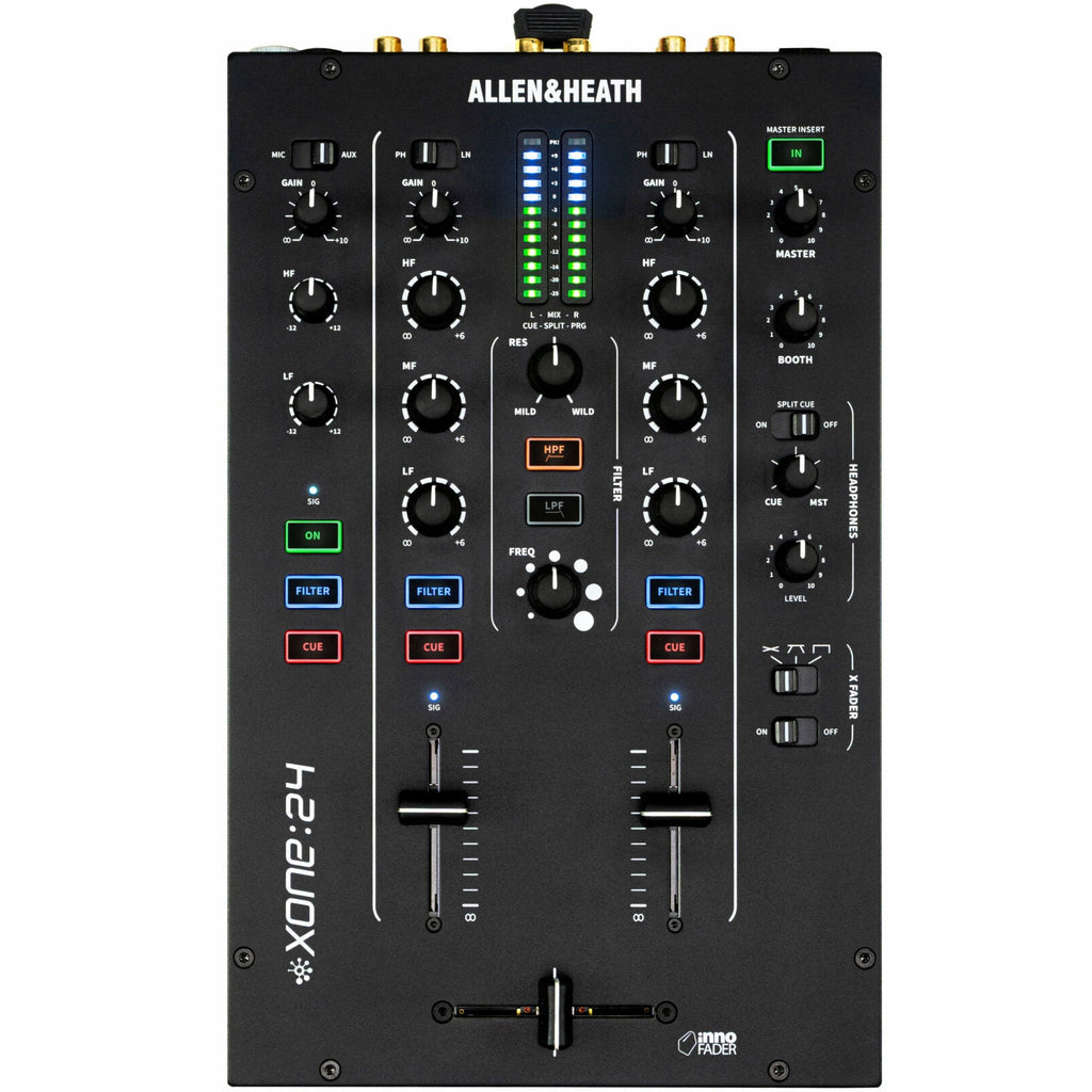 Allen & Heath Xone:24 DJ mixer with top master insert and shorting plugs, showing the detailed control panel and input connections.