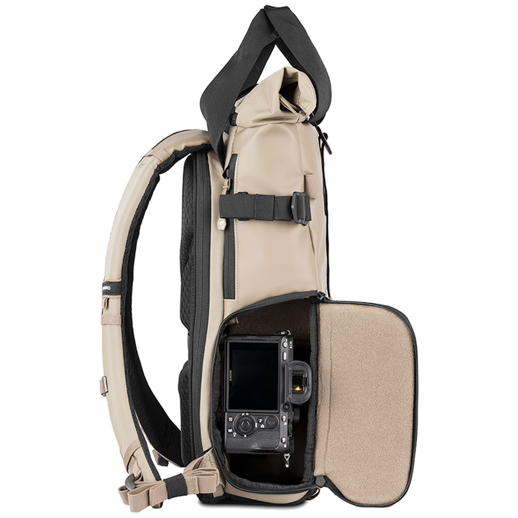 Wandrd Prvke 15L photo bundle camera bag in YumaTan with side access and multiple compartments for video equipment storage.
