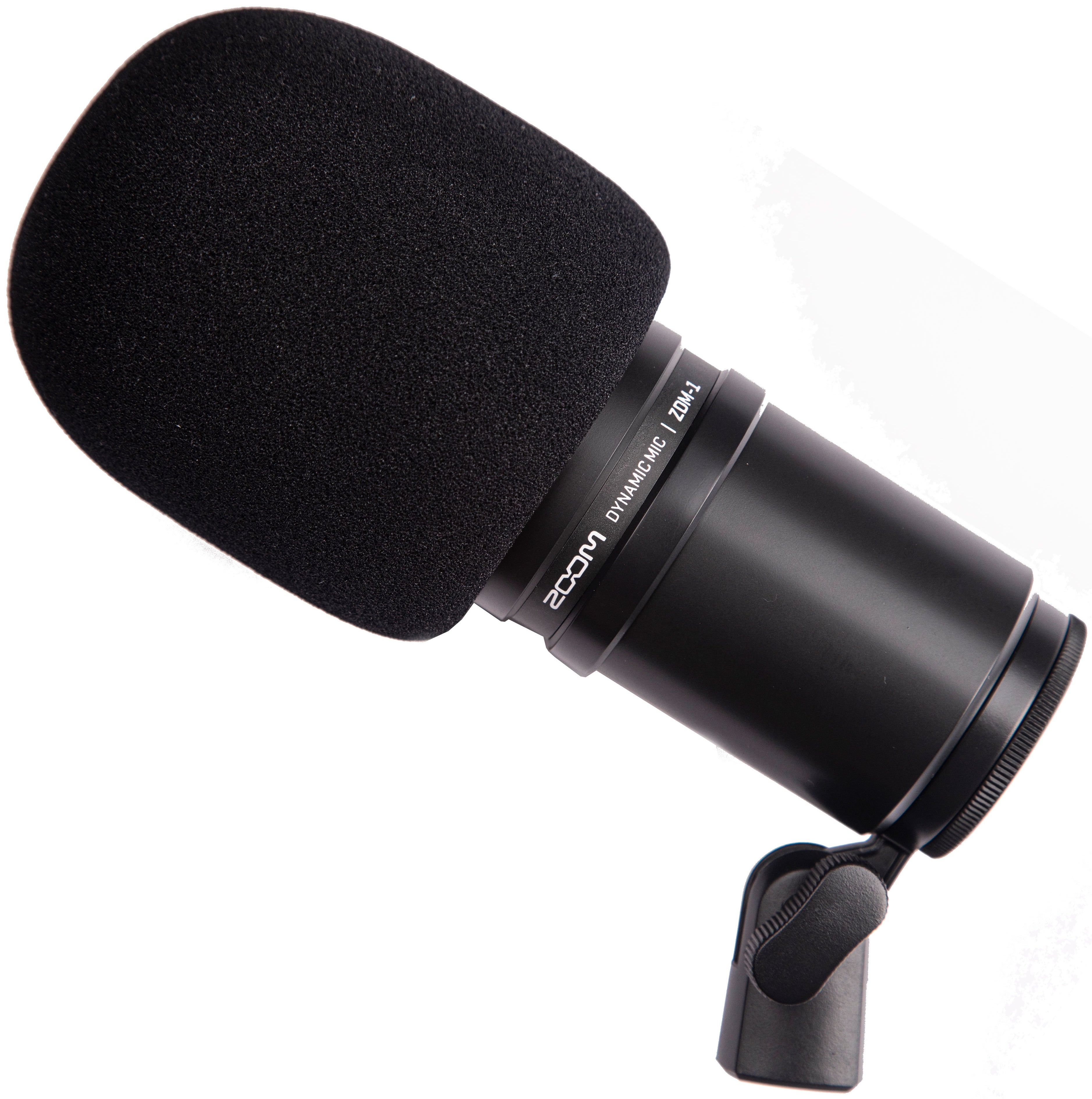 Zoom ZDM-1 dynamic microphone with windscreen, featuring a sleek black design and professional audio recording capabilities.