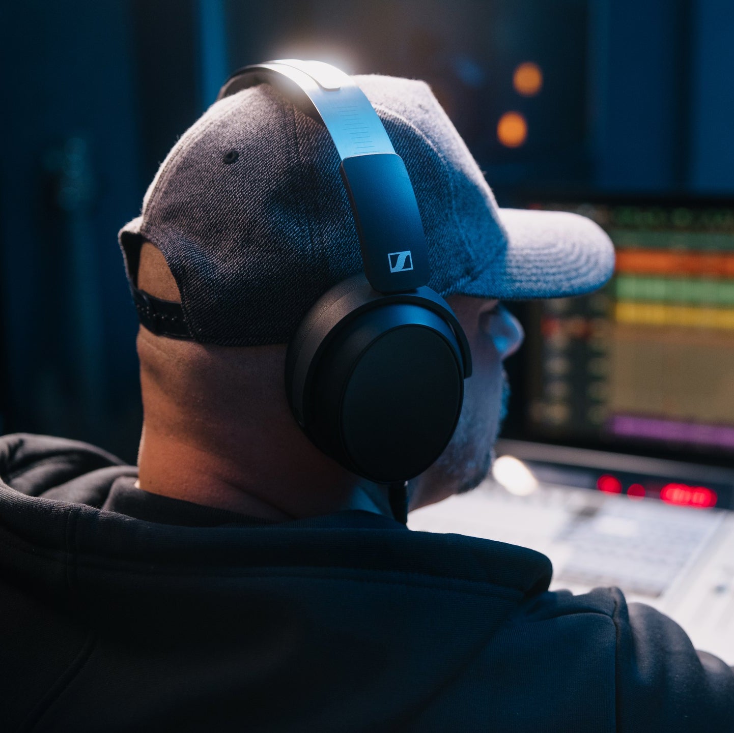 Sennheiser HD 480 Pro Plus studio headphones with over-ear design, black ear cups, and adjustable headband for professional audio.