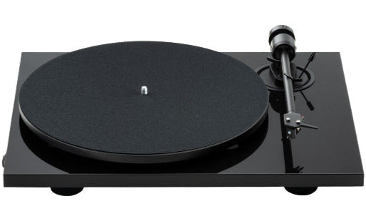 Pro-Ject E1.2 turntable with sleek black finish, tonearm, and platter, showcasing its modern design and high-quality construction.