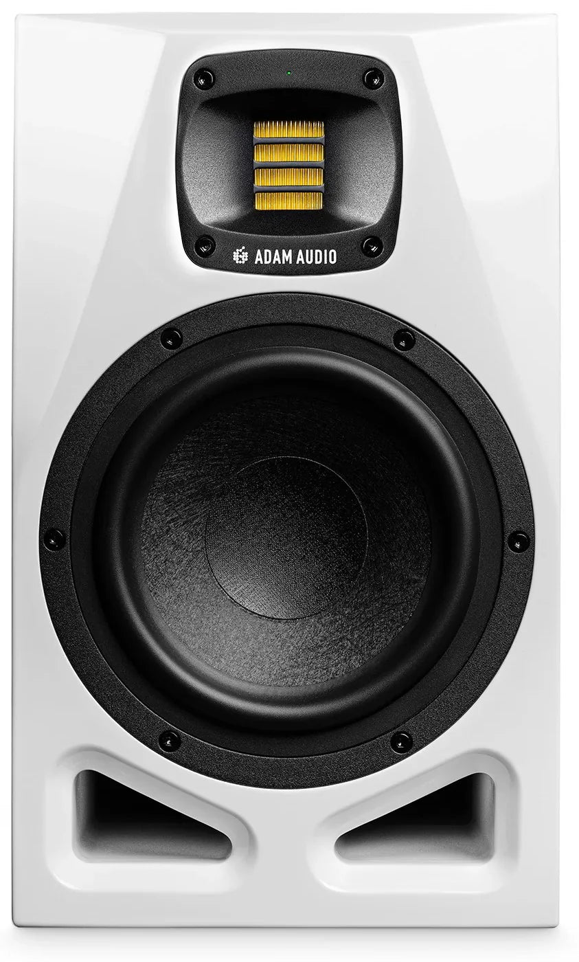 Adam Audio A7V active nearfield studio monitors in white, 25th anniversary limited edition, featuring sleek design and high-quality sound.