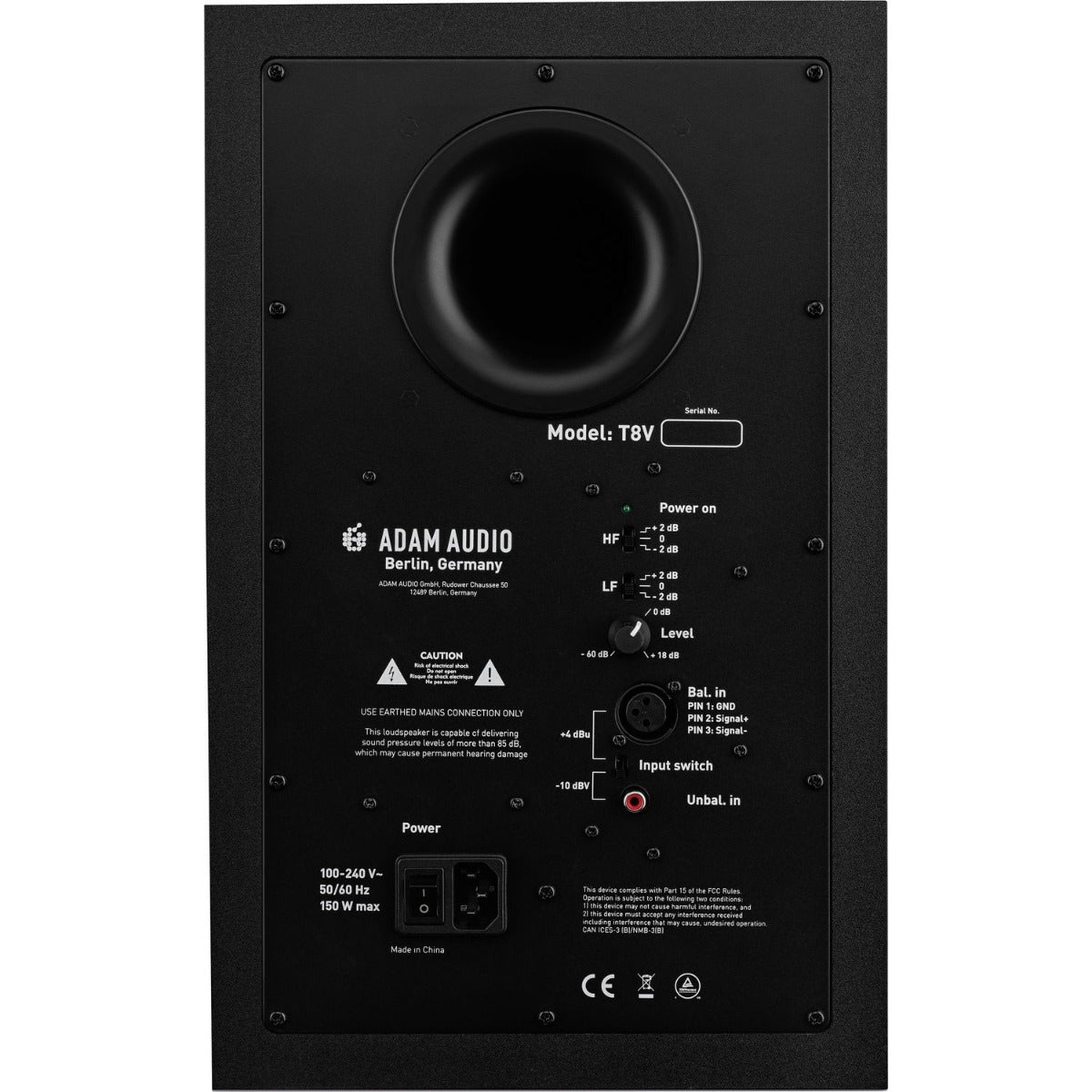 Adam Audio T8V active studio monitor, in black, front view