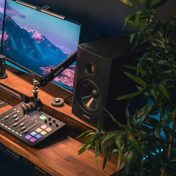 Adam Audio T8V active studio monitor, in black, lifestyle setting