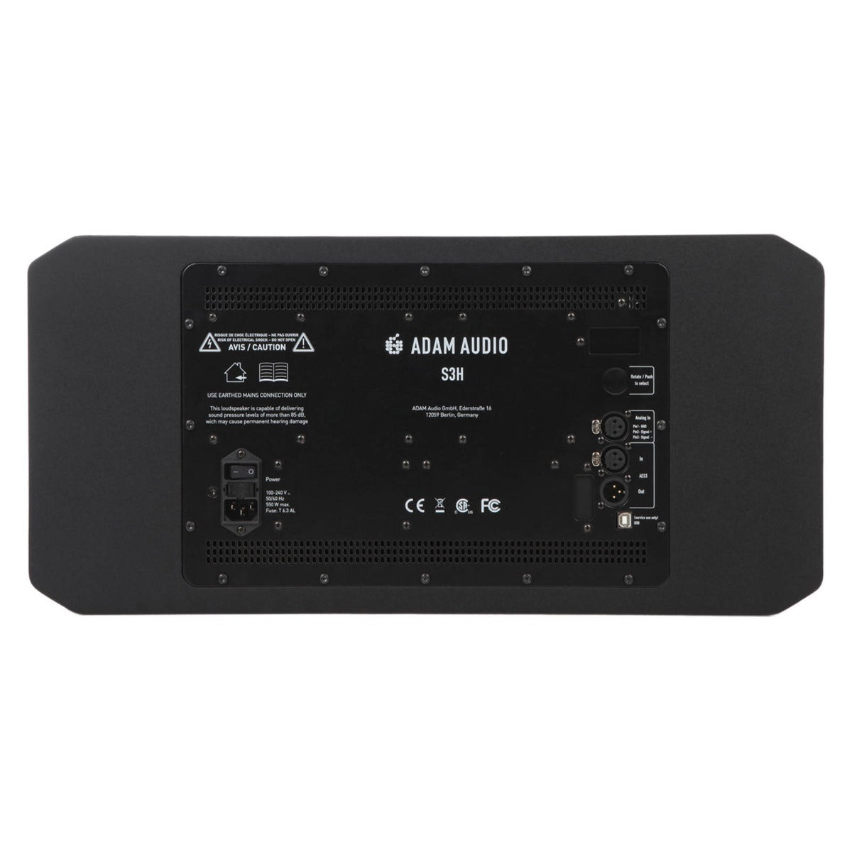 Adam Audio S3H mid-field and main monitors with sleek black cabinets and detailed driver components visible in the image.