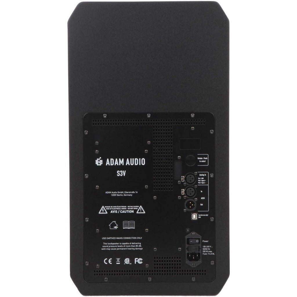 Adam Audio S3V mid-field and main studio monitor speaker with sleek black finish and detailed driver components.