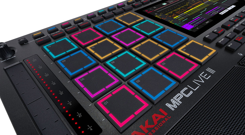 Akai Professional MPC Live III drum machine with colorful pad interface and control knobs, portable music production device.