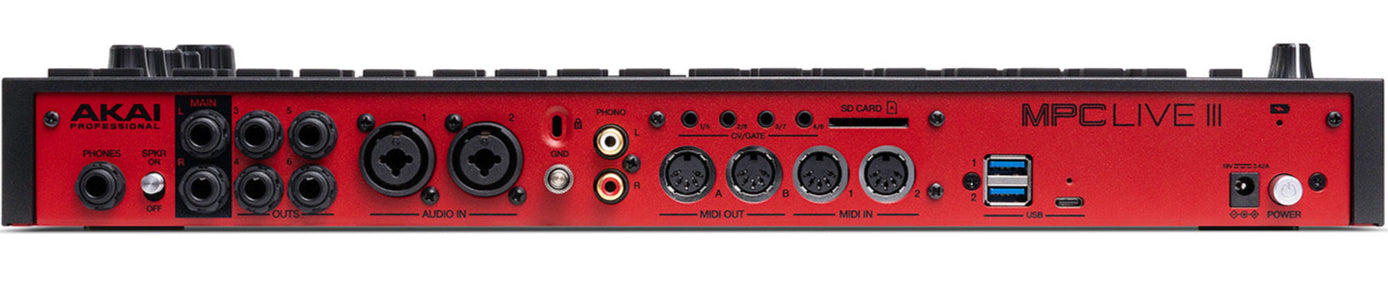 Rear view of Akai Professional MPC Live III drum machine and sampler showing connectivity ports and controls.